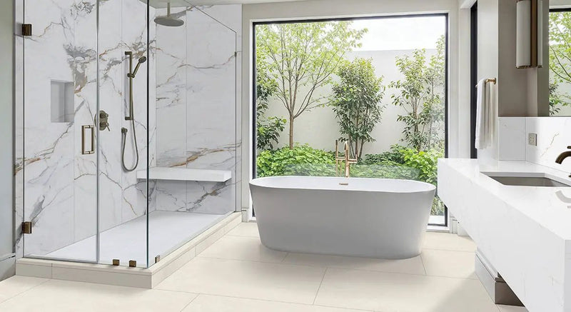 Elbe Alabaster Lappato Porcelain Tiles 12x24 in a finished room