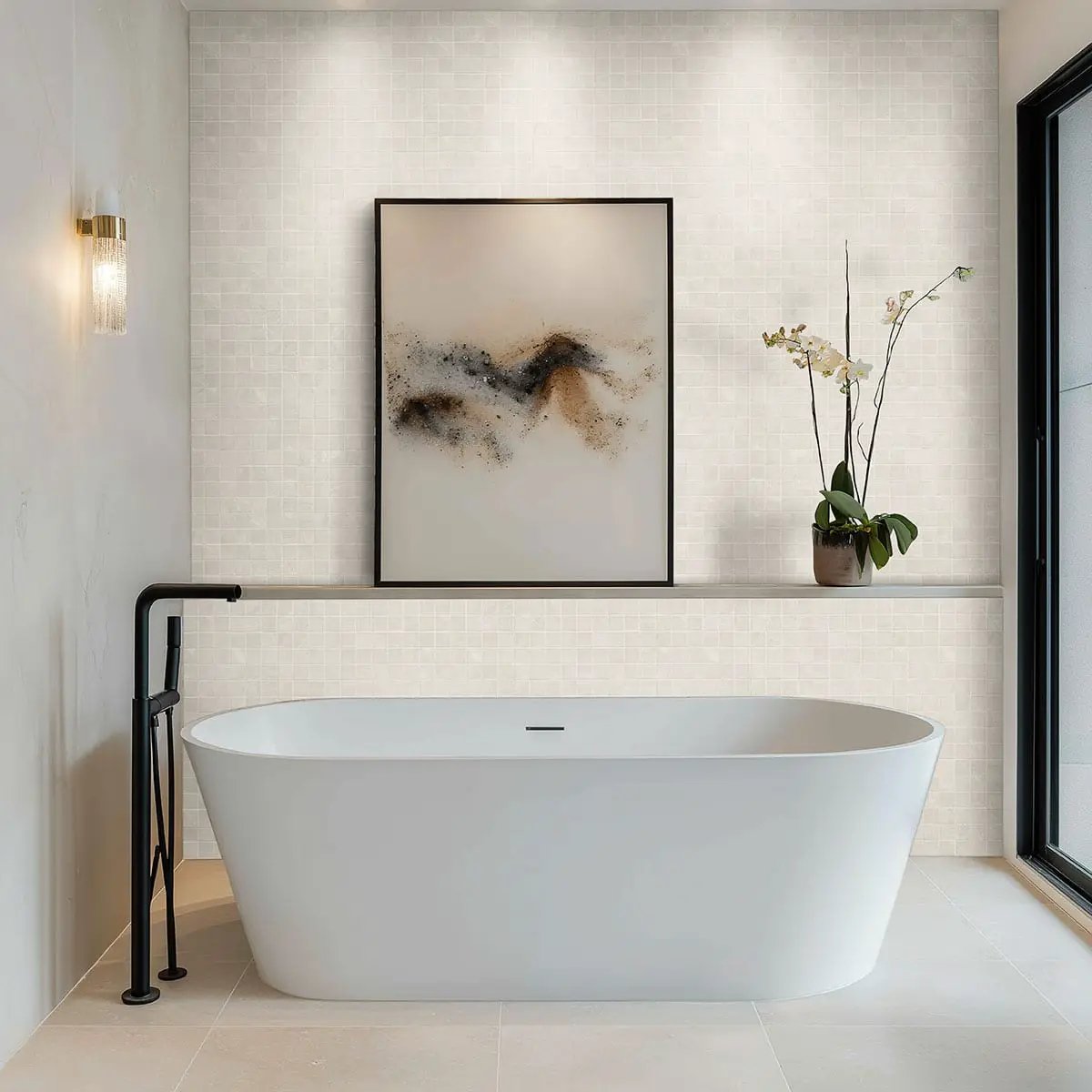Elbe Alabaster Lappato Porcelain Tiles 12x24 in a finished room