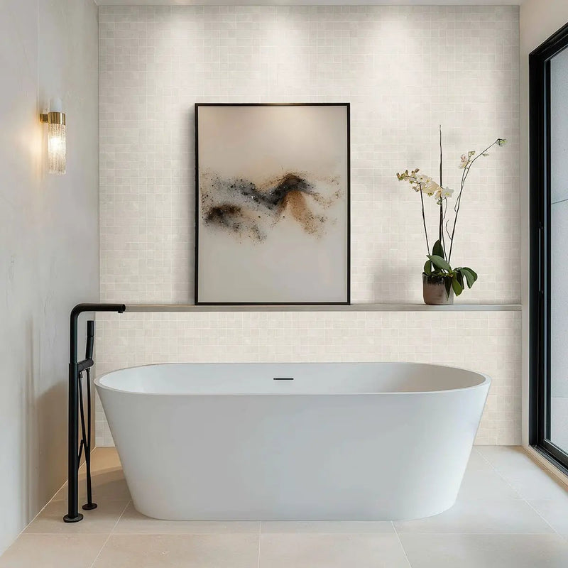 Elbe Alabaster Lappato Porcelain Tiles 12x24 in a finished room