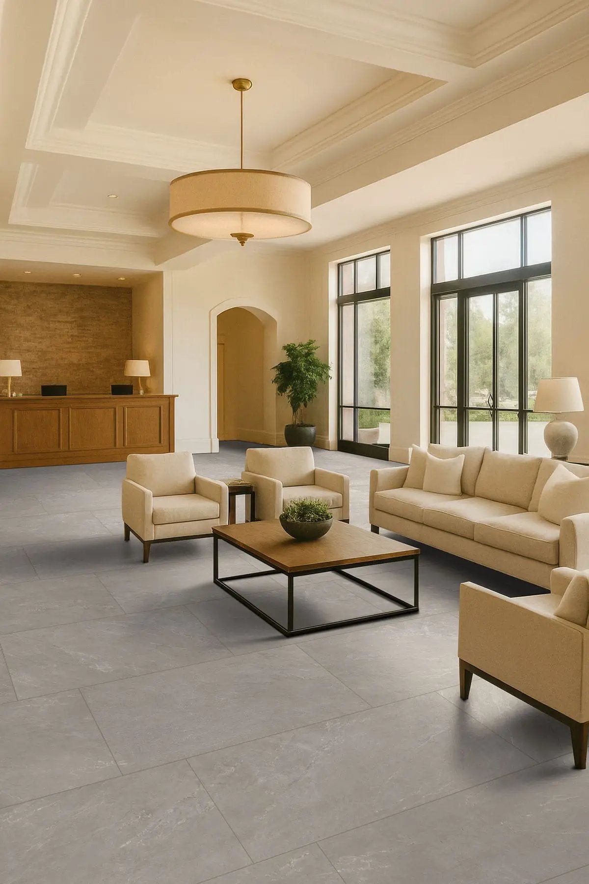 Elbe Ash Lappato Porcelain Tiles 24x48 in a finished room