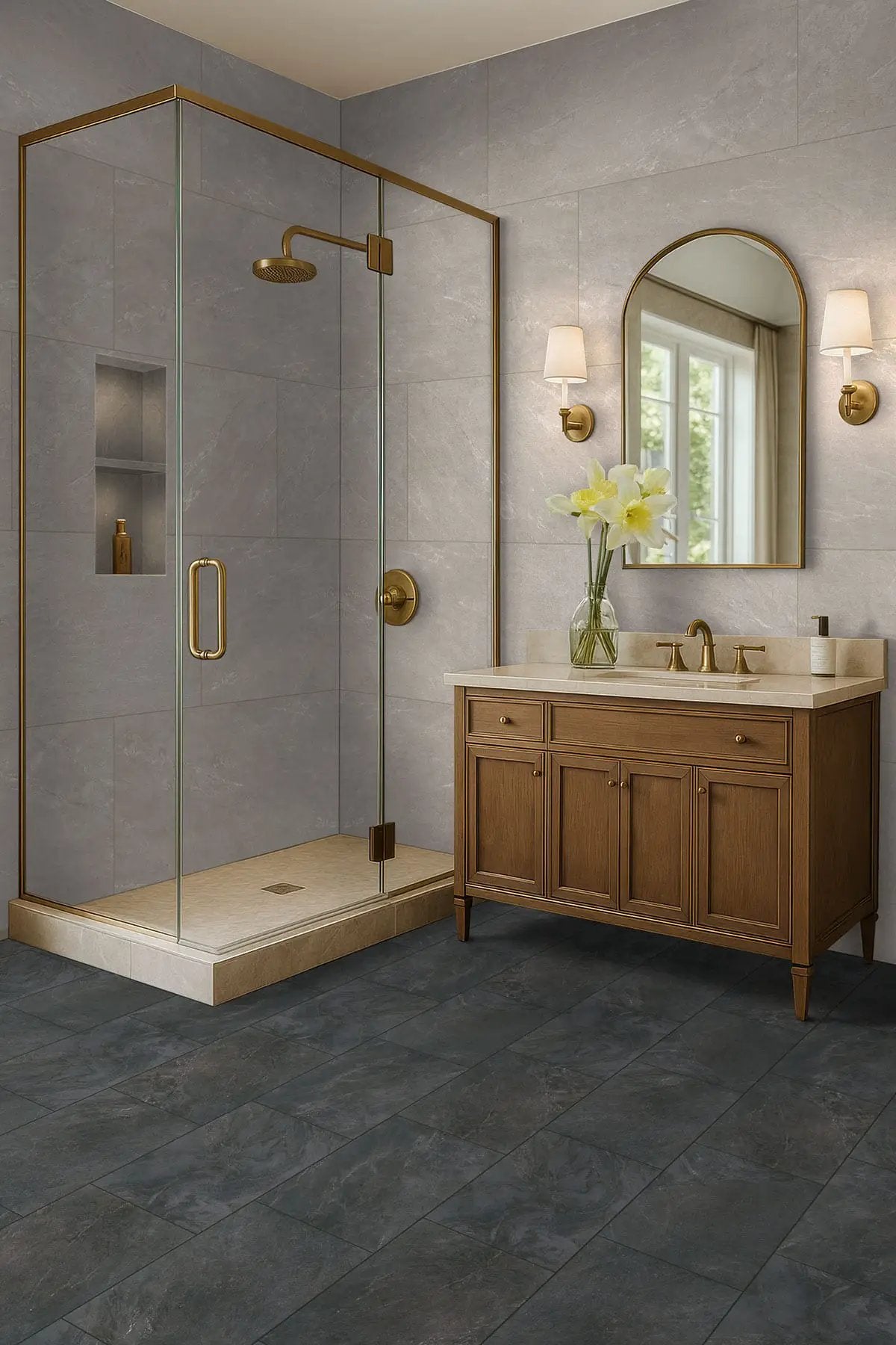 Elbe Obsidian Lappato Porcelain Tiles 24x48 in a finished room