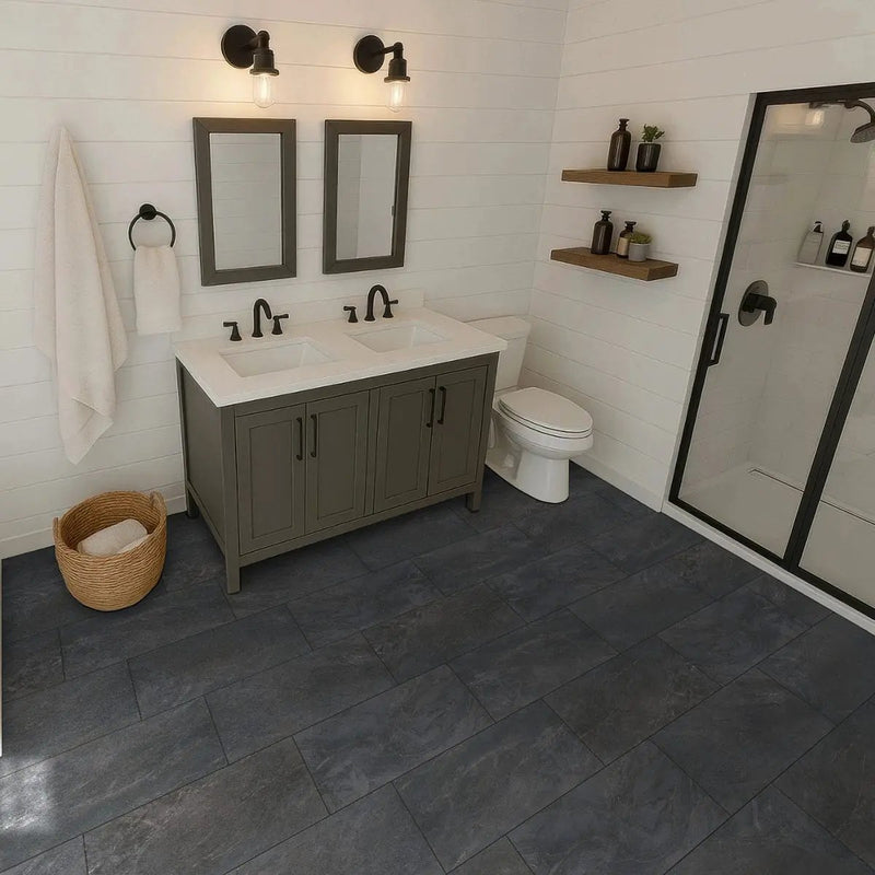 Elbe Obsidian Lappato Porcelain Tiles 24x48 in a finished room