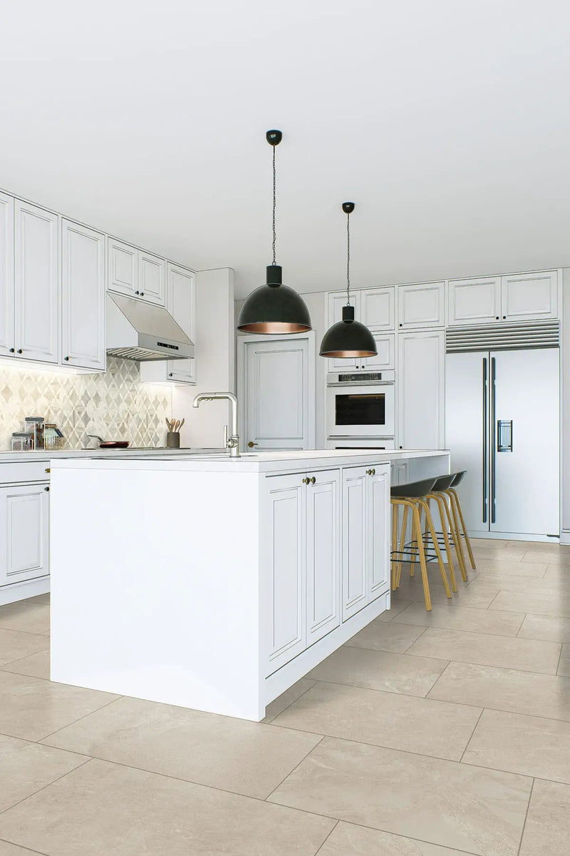 Elbe Sand Lappato Porcelain Tiles 12x24 in a finished room