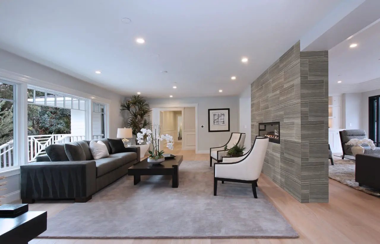 Eramosa Grey Matte Limestone Look Porcelain Tiles 12x24 in a finished room