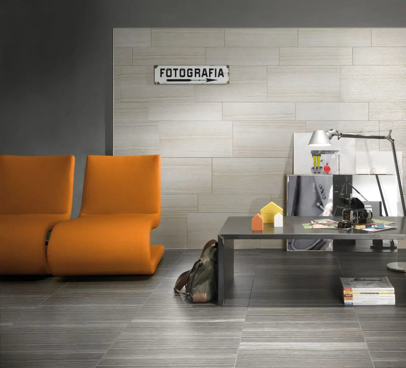 Eramosa White Matte Limestone Look Porcelain Tiles 12x24 in a finished room