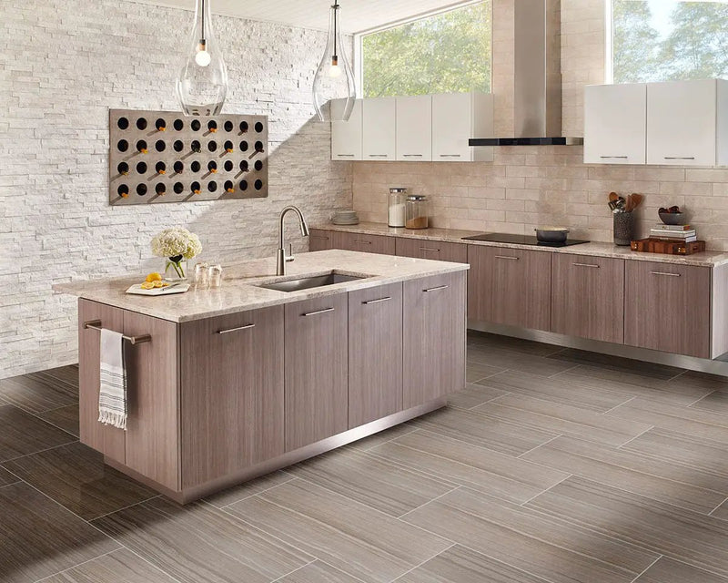 Eramosa Silver Matte Limestone Look Porcelain Tiles 12x24 in a finished room