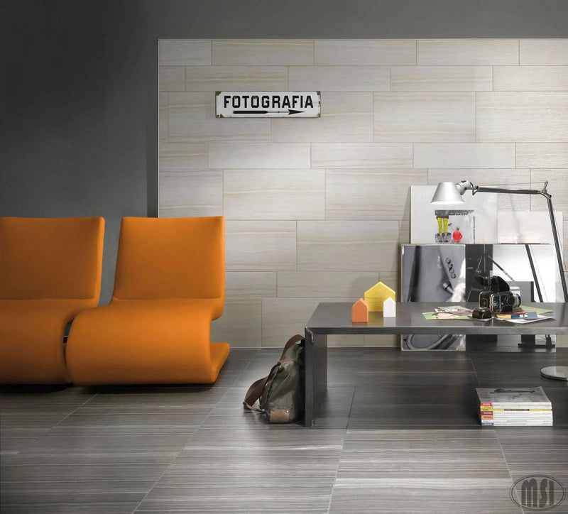 Eramosa White Matte Limestone Look Porcelain Tiles 12x24 in a finished room