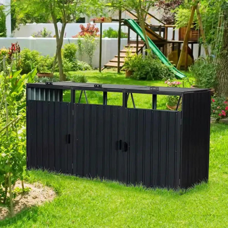 Outdoor Black Galvanized Steel Garbage Bin Storage Shed - Holds 3 Trash Cans by HomePacific