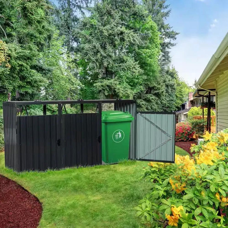Outdoor Black Galvanized Steel Garbage Bin Storage Shed - Holds 3 Trash Cans by HomePacific