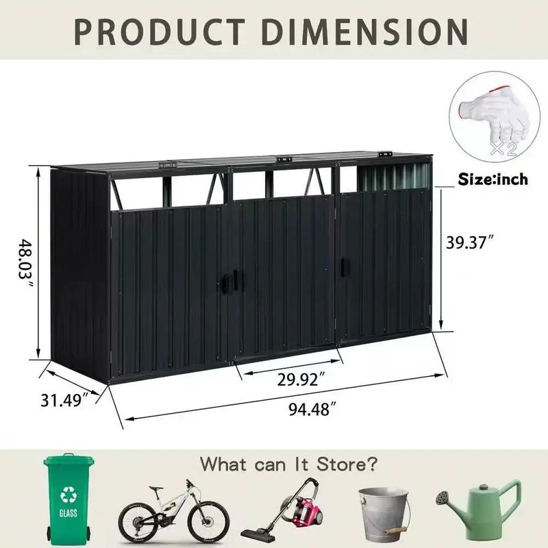 Outdoor Black Galvanized Steel Garbage Bin Storage Shed - Holds 3 Trash Cans by HomePacific