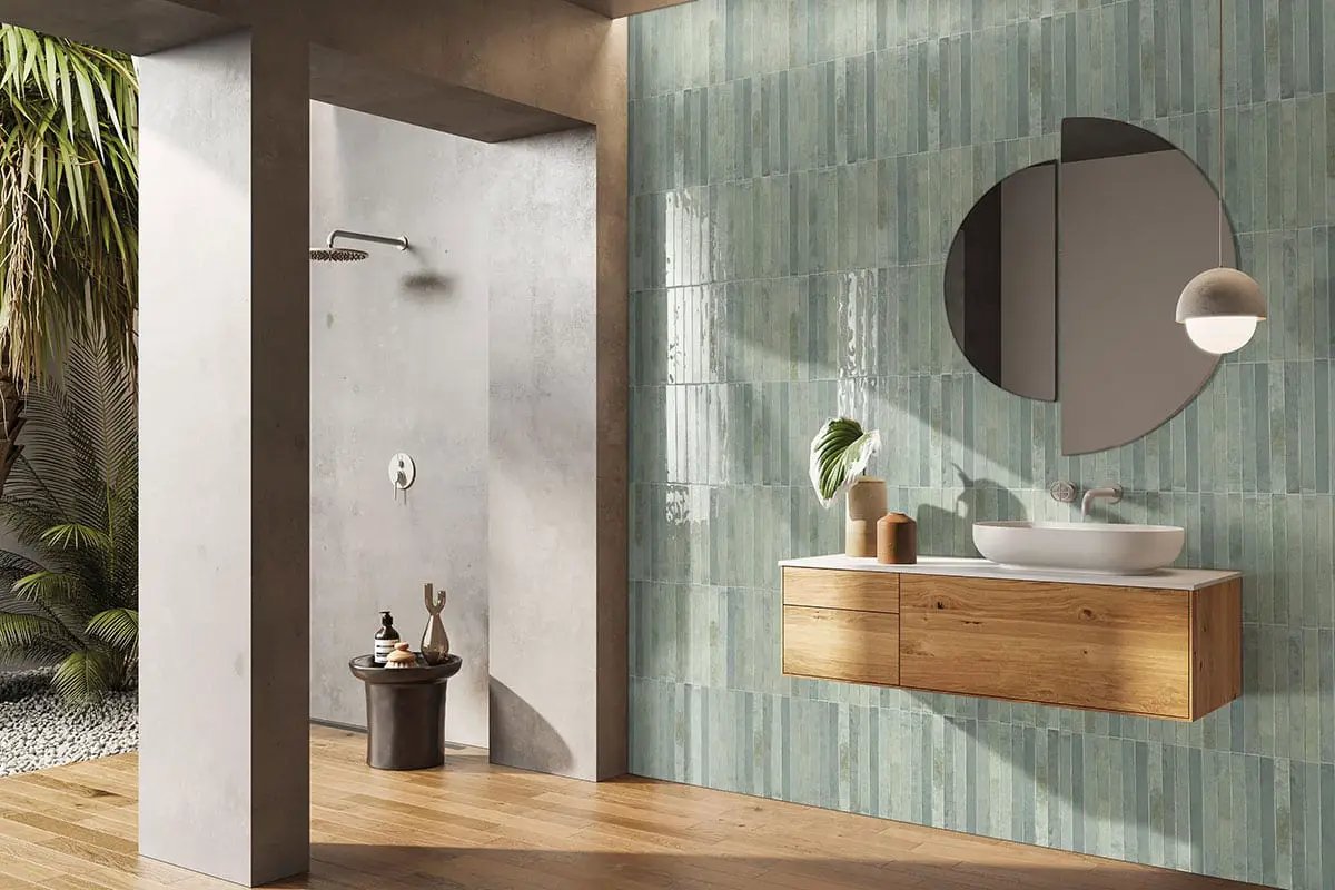 Flamenco Celtic Aqua 2x18 Glossy Porcelain Tiles in a finished room