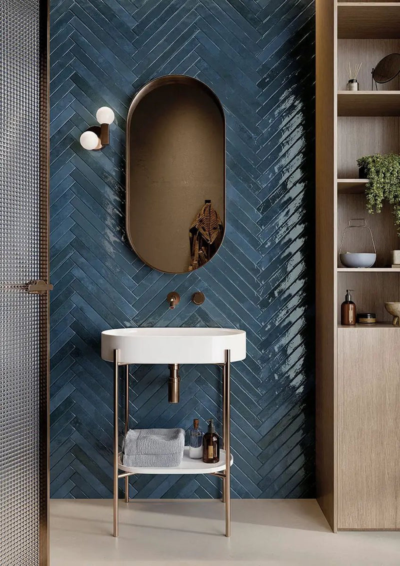 Flamenco Hale Navy 2x18 Glossy Porcelain Tiles in a finished room
