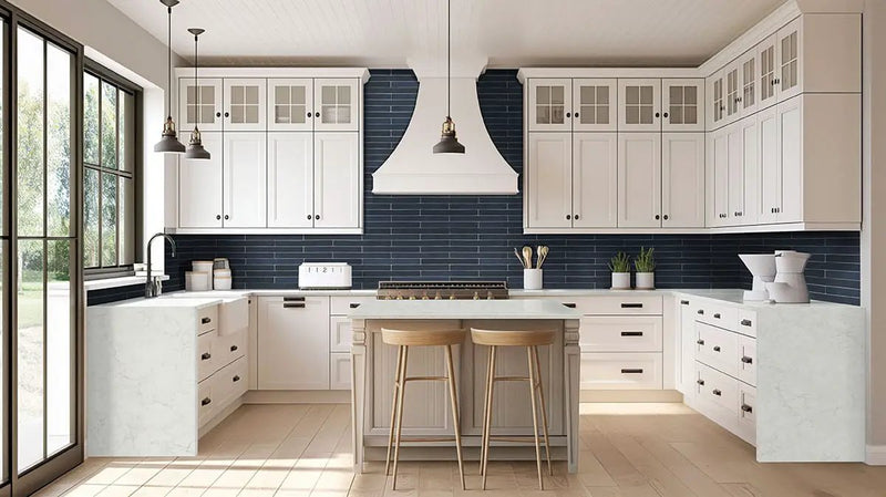 Flamenco Hale Navy 2x18 Glossy Porcelain Tiles in a finished room