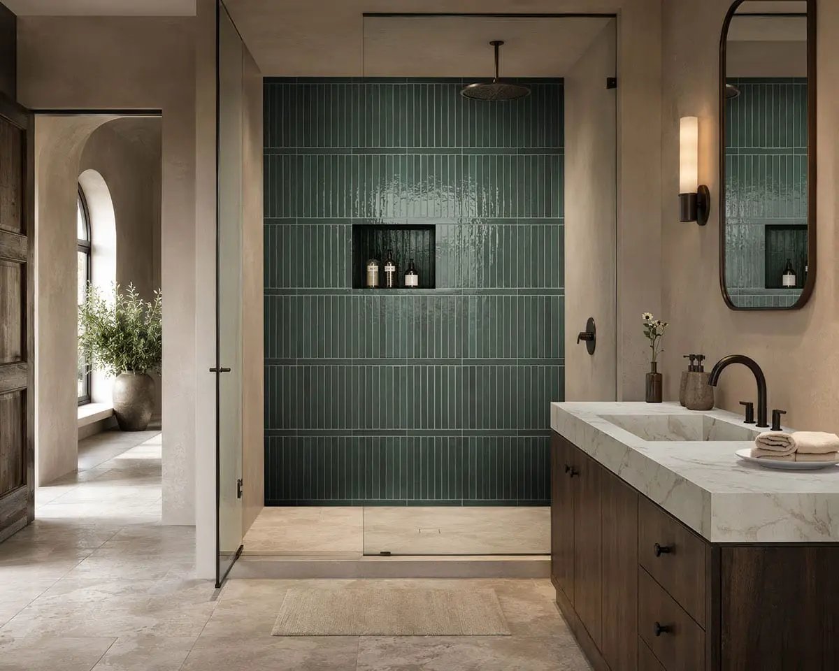 Flamenco Racing Green 2x18 Glossy Porcelain Tiles in a finished room