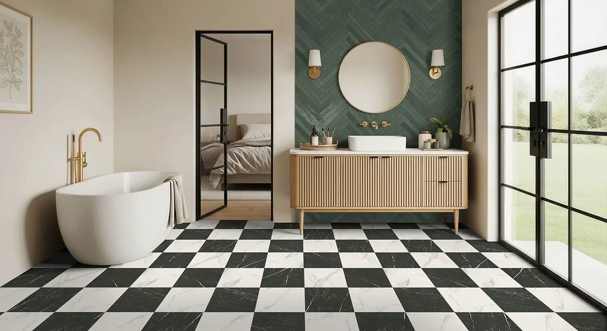 Flamenco Racing Green 2x18 Glossy Porcelain Tiles in a finished room