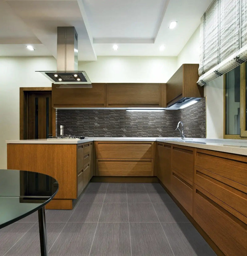 Focus Graphite Matte Fabric Look Porcelain Tiles 12x24 in a finished room