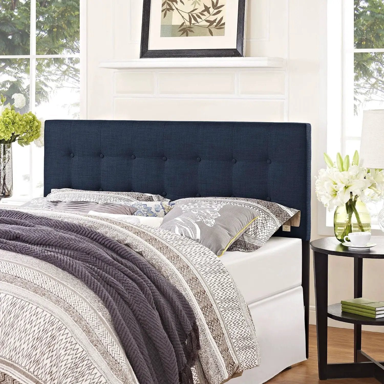 Full size Navy Fabric Modern Upholstered Headboard by HomePacific