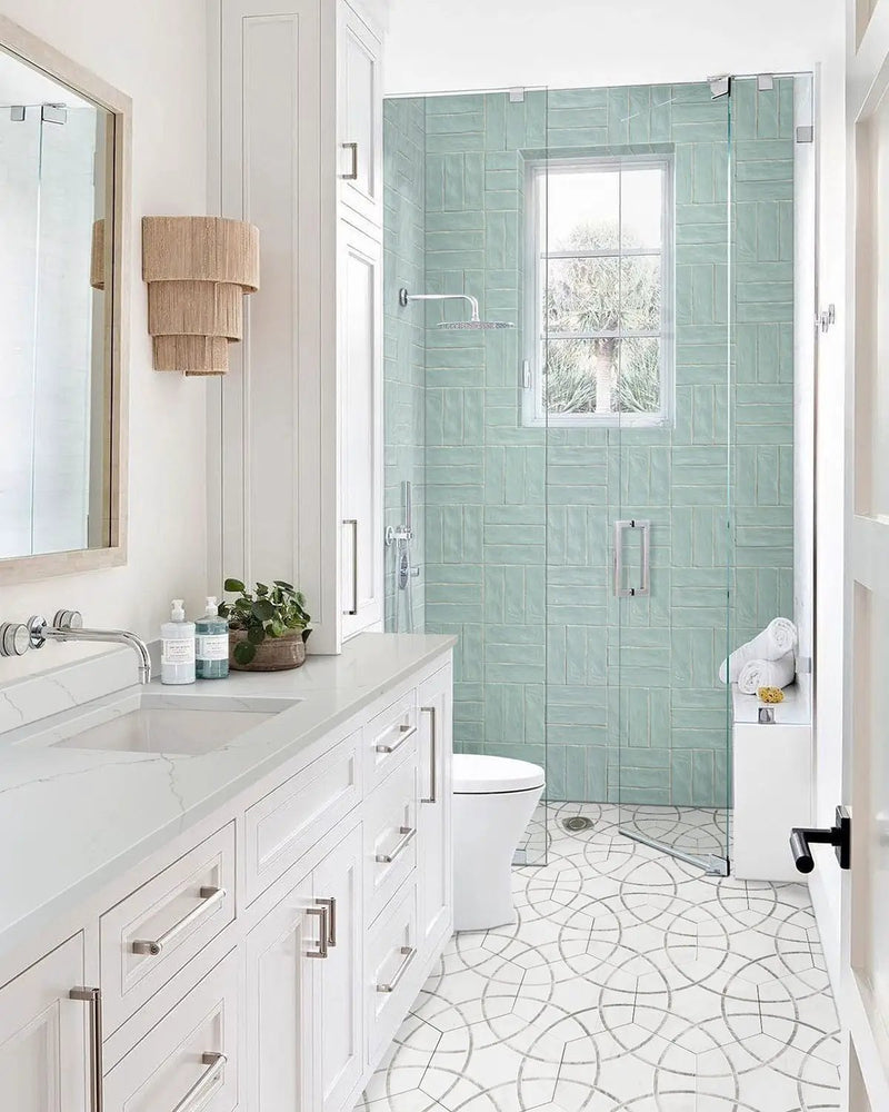 Geoglam Cloud Matte Porcelain Tiles 11x13 in a finished room