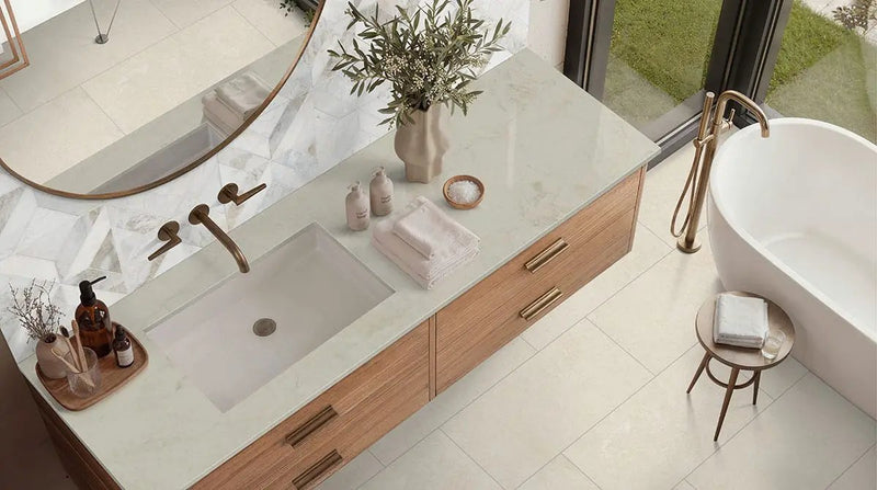 Girona Marfil Lappato Limestone Look Porcelain Tiles 12x24 in a finished room
