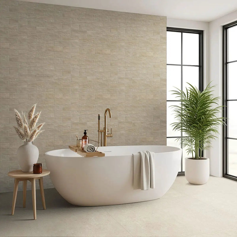 Girona Marfil Lappato Limestone Look Porcelain Tiles 24x48 in a finished room