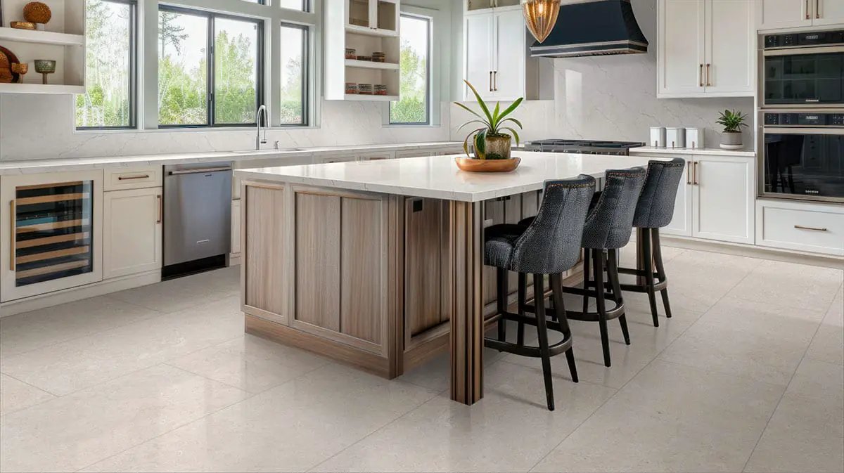 Girona Perla Lappato Limestone Look Porcelain Tiles 24x48 in a finished room
