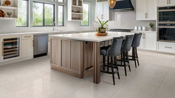 Girona Perla Lappato Limestone Look Porcelain Tiles 24x48 in a finished room