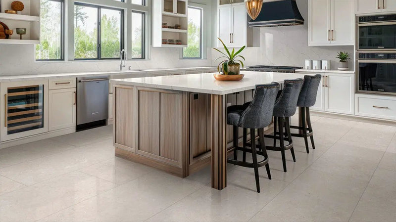Girona Perla Lappato Limestone Look Porcelain Tiles 48x48 in a finished room