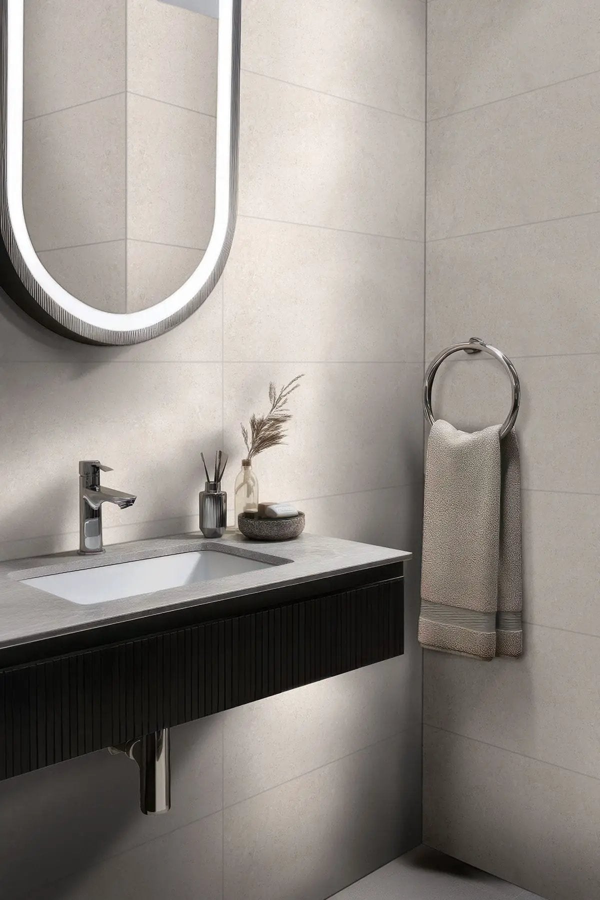 Girona Perla Lappato Limestone Look Porcelain Tiles 48x48 in a finished room