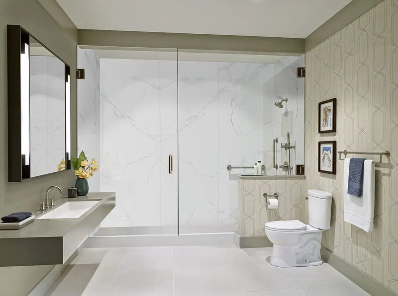 Glacier Pearl Polished Porcelain Tiles 31.5x71 in a finished room