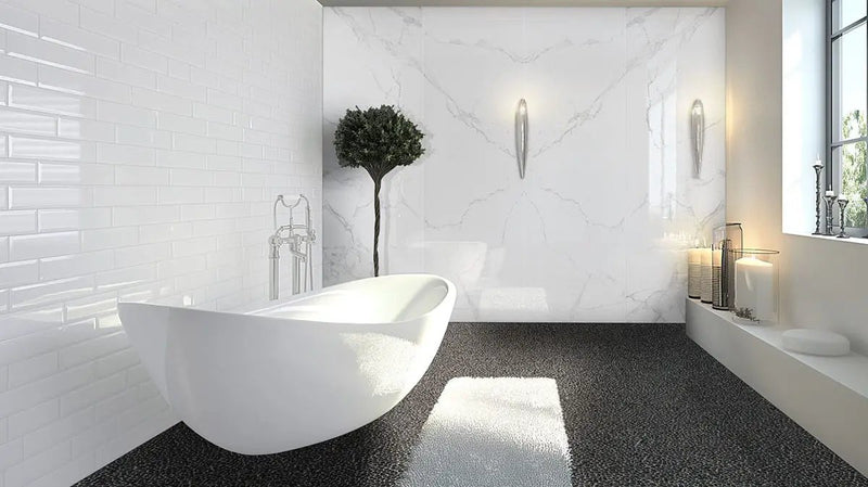 Glacier Pearl Polished Porcelain Tiles 31.5x94.5 in a finished room