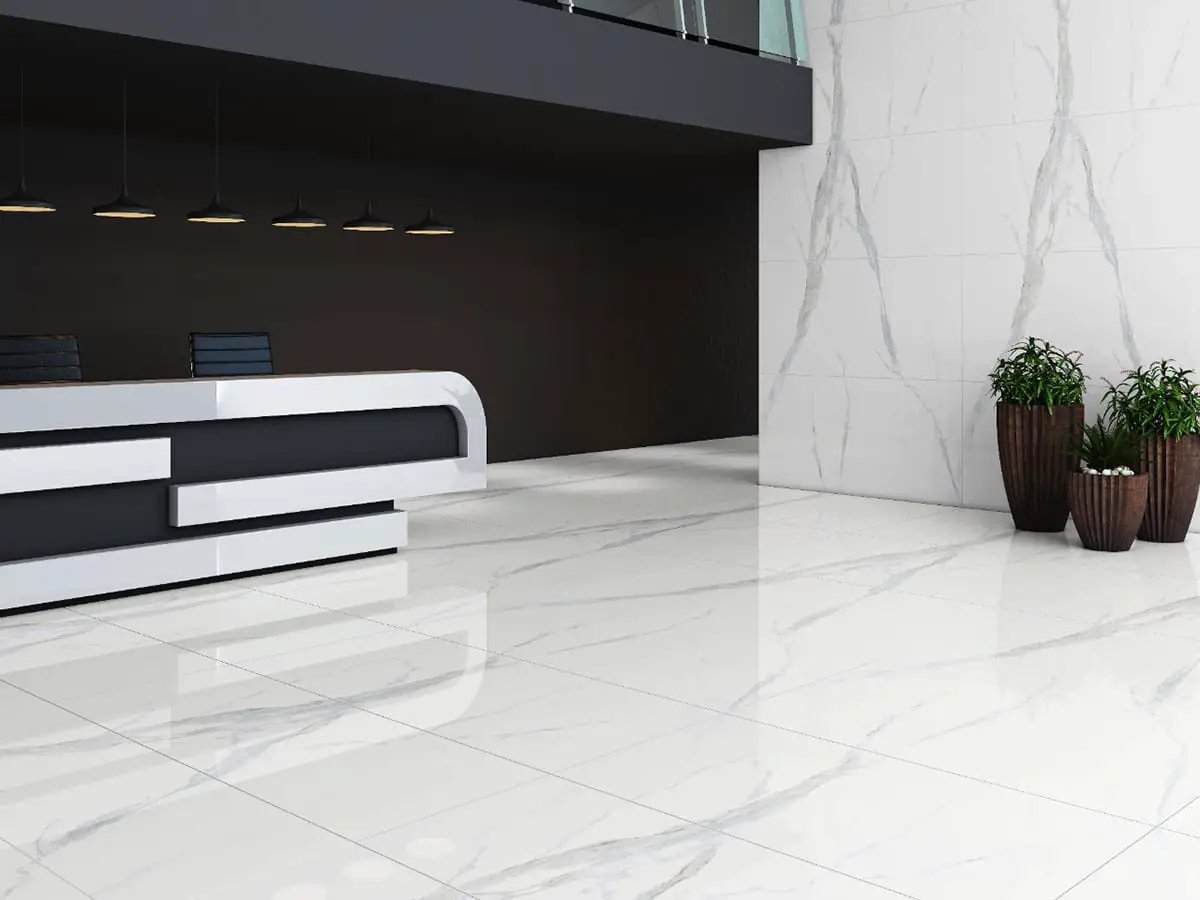 Glacier Statuary Polished Porcelain Tiles 31.5x94.5 in a finished room