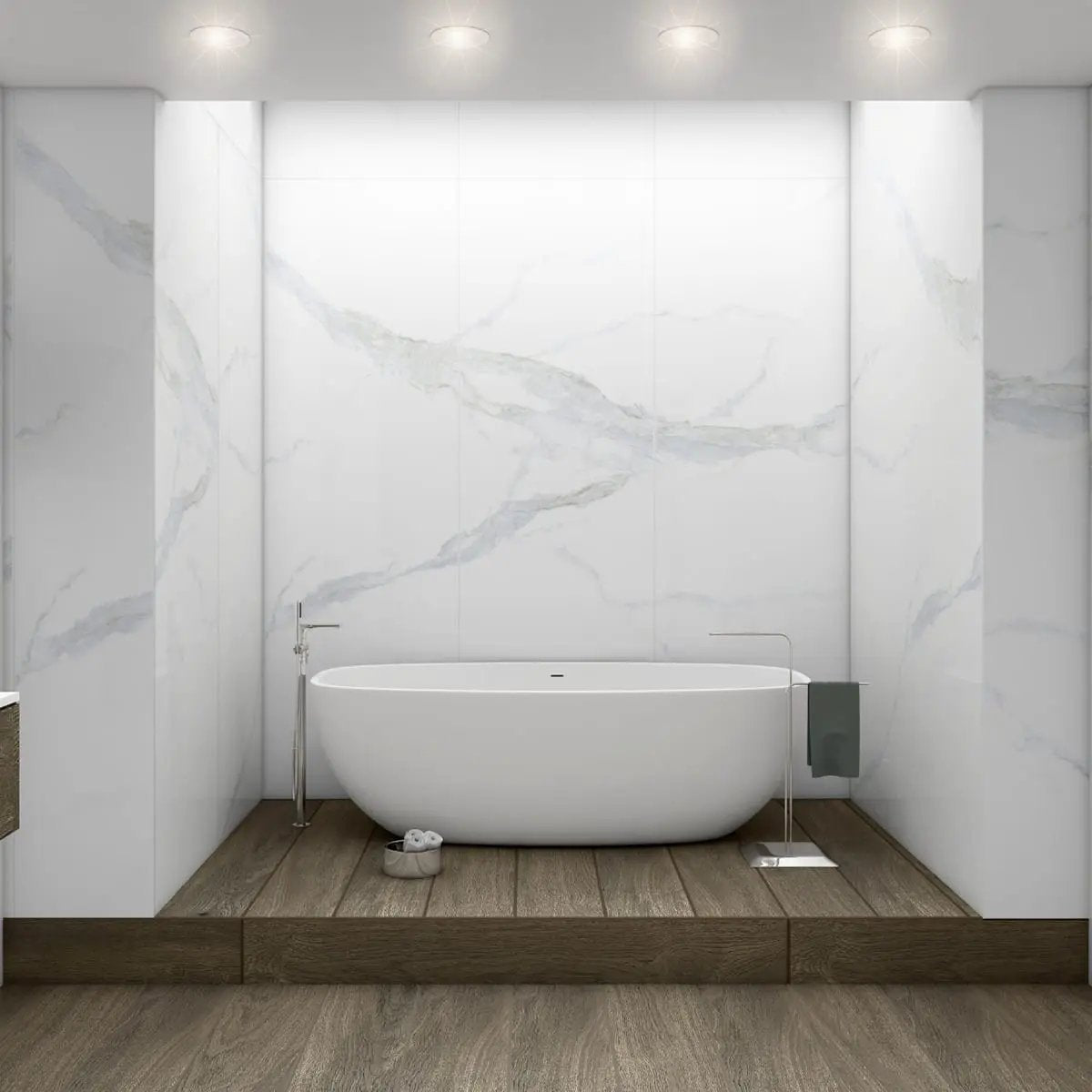 Glacier Statuary Polished Porcelain Tiles 31.5x71 in a finished room