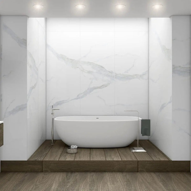 Glacier Statuary Polished Porcelain Tiles 31.5x71 in a finished room