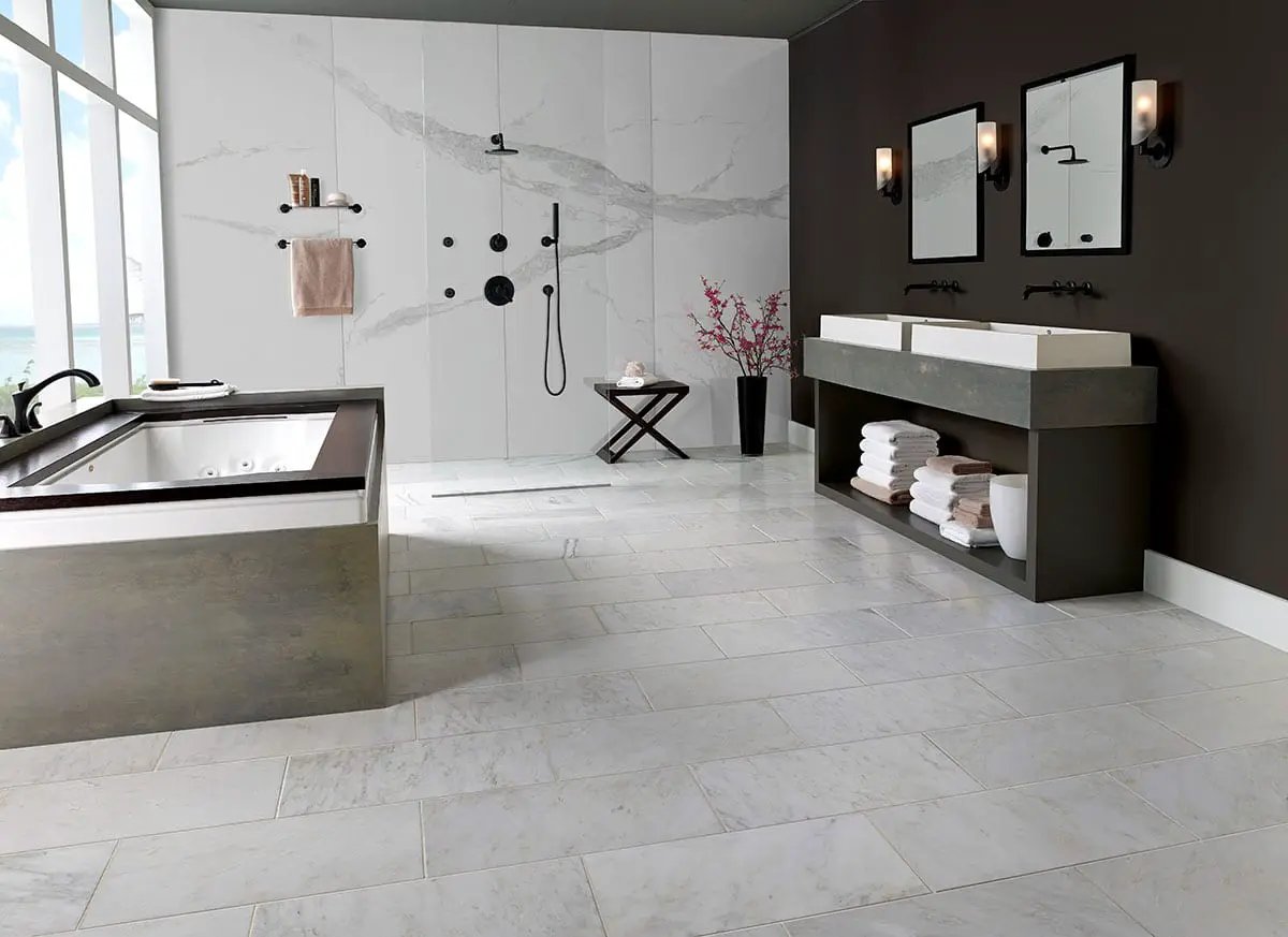 Glacier Statuary Polished Porcelain Tiles 31.5x71 in a finished room