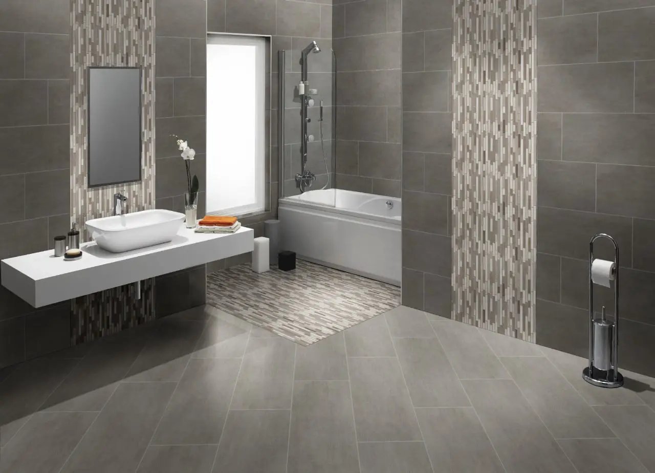 Gridscale Concrete Matte Ceramic Tiles 12x24 in a finished room