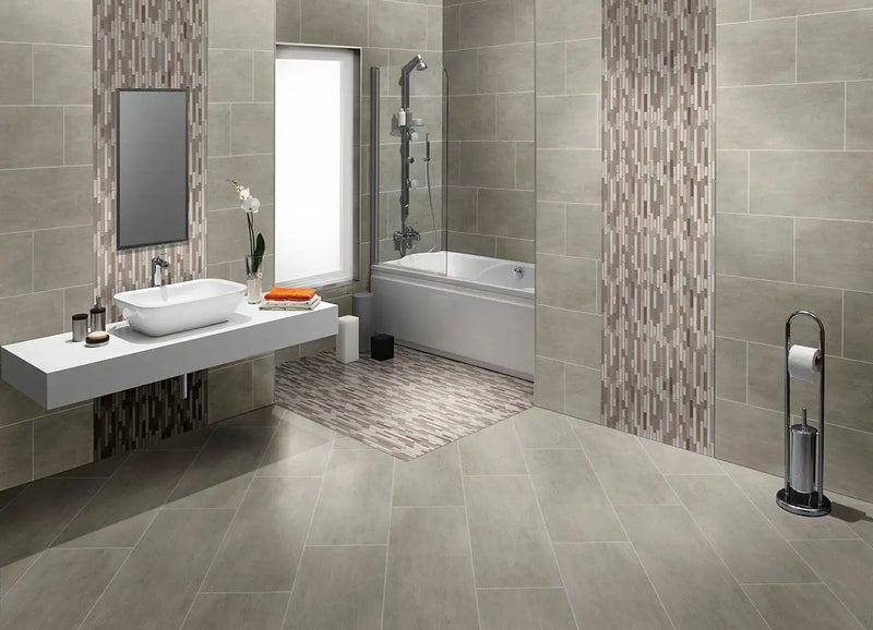 Gridscale Concrete Matte Ceramic Tiles 12x24 in a finished room