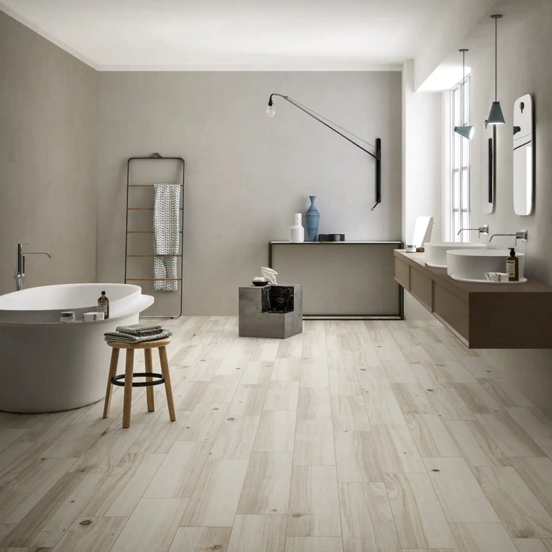 Havenwood Dove Matte Porcelain Tiles 8x36 in a finished room
