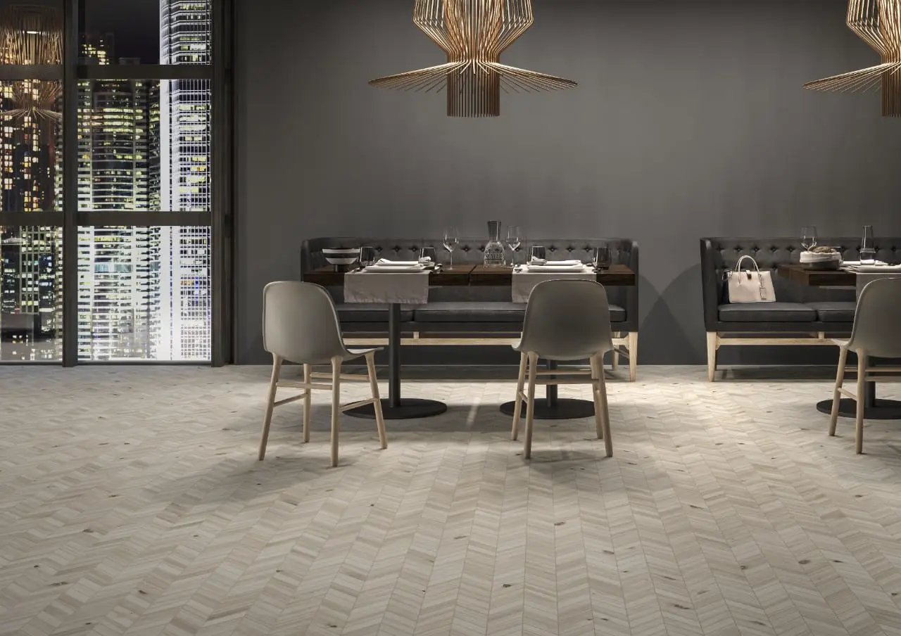 Havenwood Dove Matte Porcelain Tiles 8x36 in a finished room