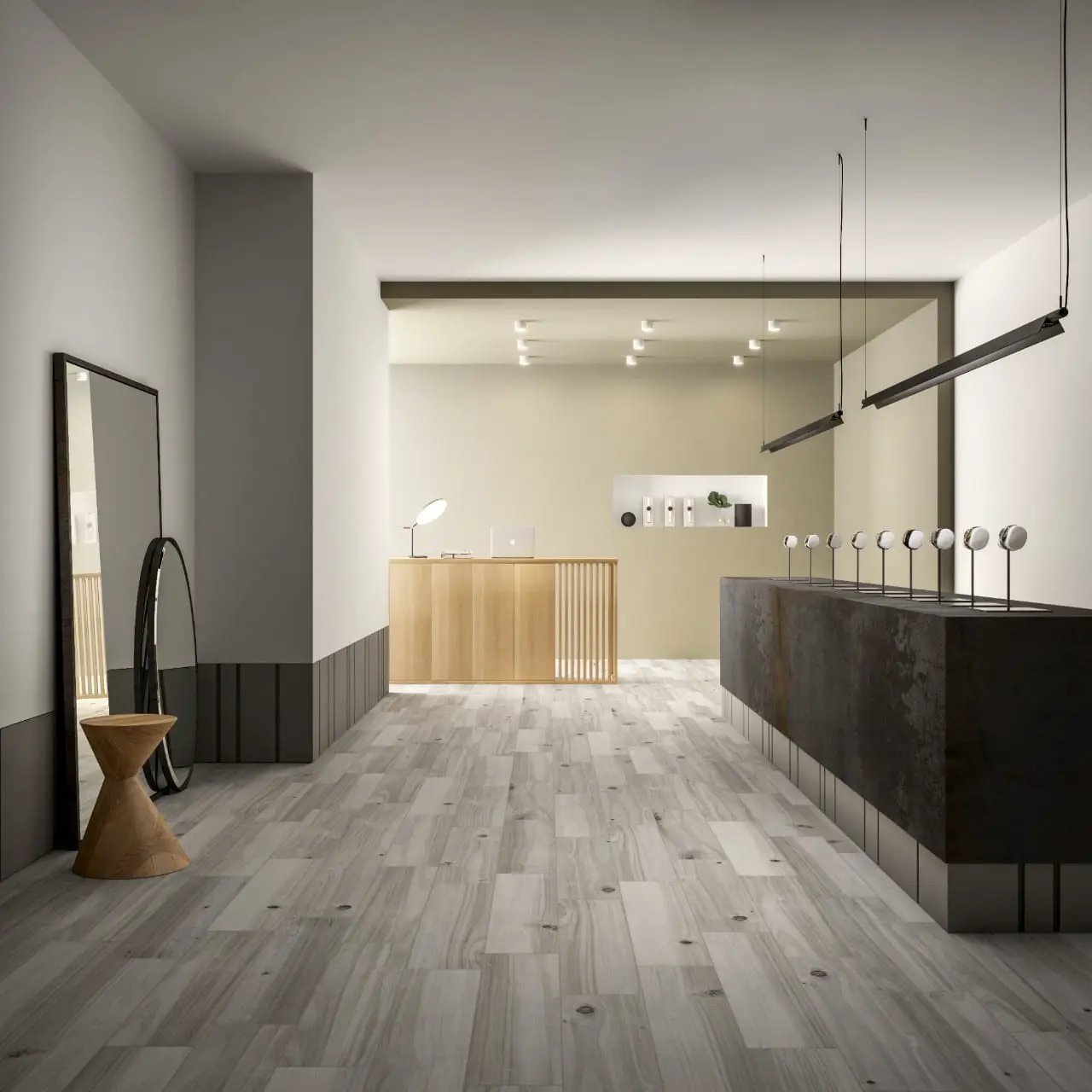 Havenwood Platinum Matte Porcelain Tiles 8x36 in a finished room
