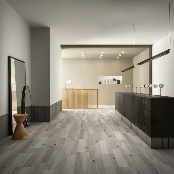 Havenwood Platinum Matte Porcelain Tiles 8x36 in a finished room