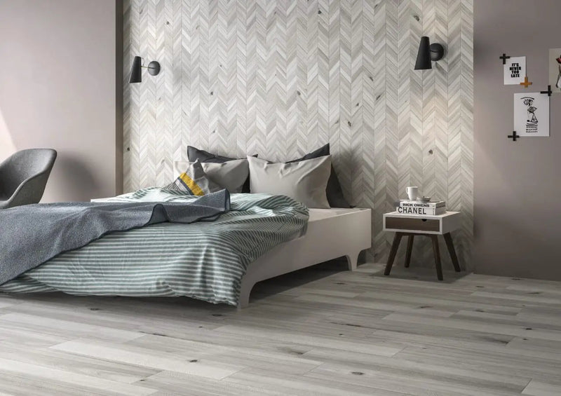 Havenwood Platinum Matte Chevron Porcelain Mosaics 12x15 in a finished room