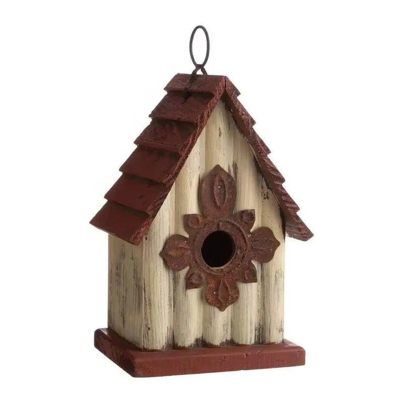 Outdoor A-Frame Solid Wood Bird House with Terracotta Color Slatted Roof by HomePacific