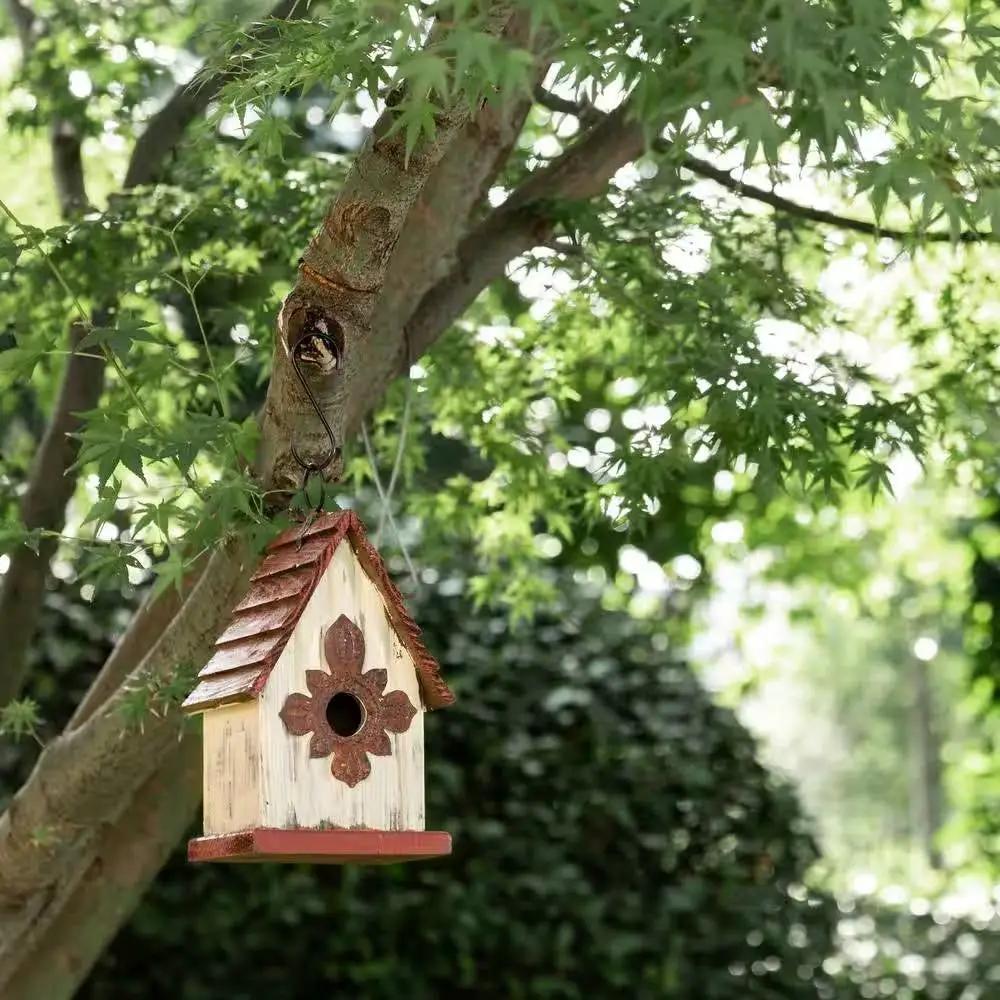 Outdoor A-Frame Solid Wood Bird House with Terracotta Color Slatted Roof by HomePacific
