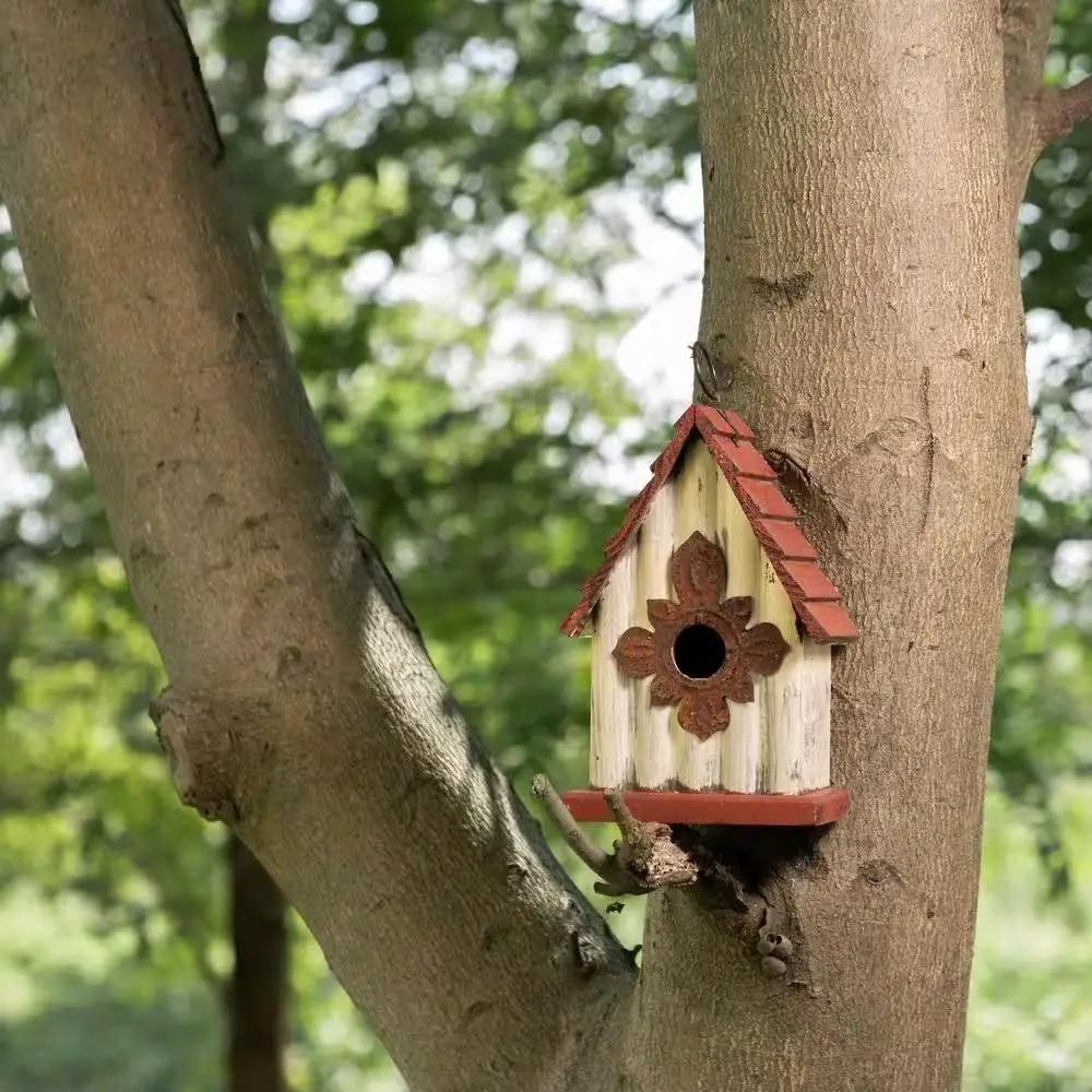 Outdoor A-Frame Solid Wood Bird House with Terracotta Color Slatted Roof by HomePacific