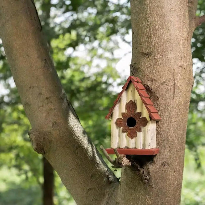 Outdoor A-Frame Solid Wood Bird House with Terracotta Color Slatted Roof by HomePacific