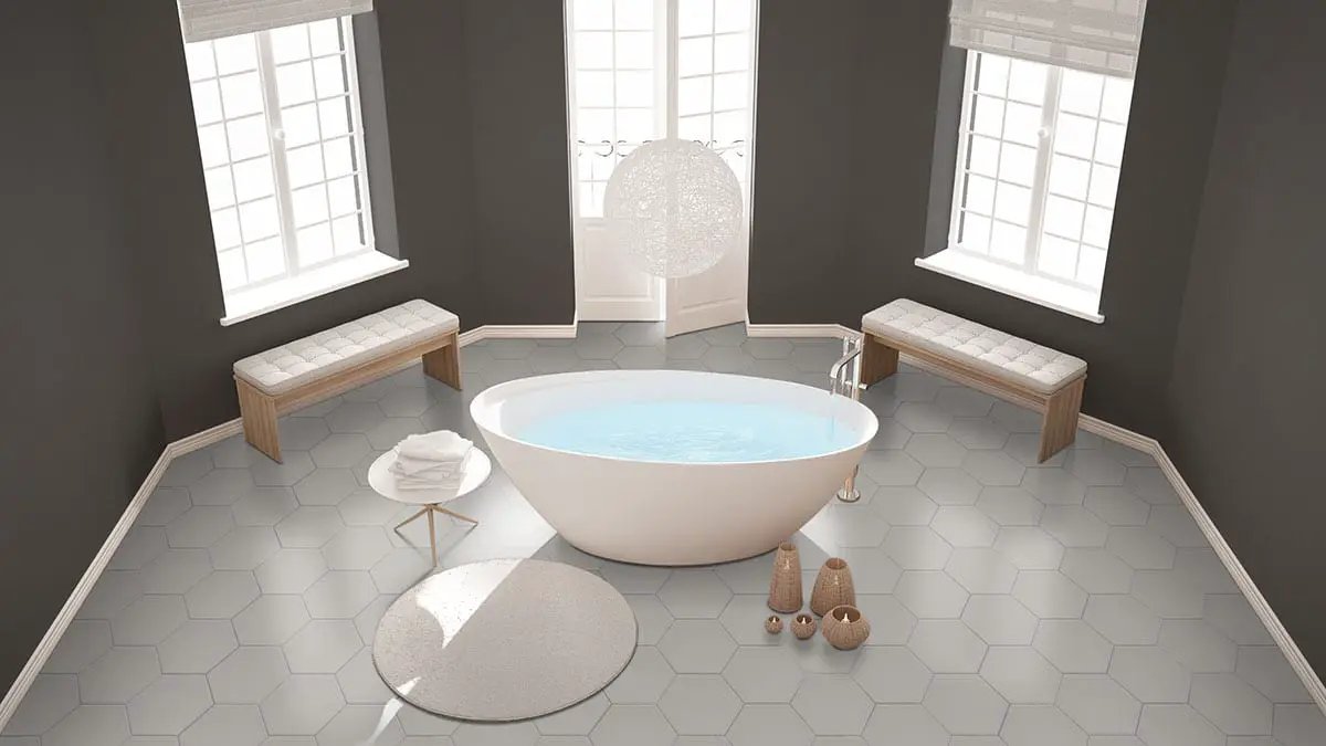Hexley Dove Hexagon Tile Matte Porcelain 9x10.5 in a finished room