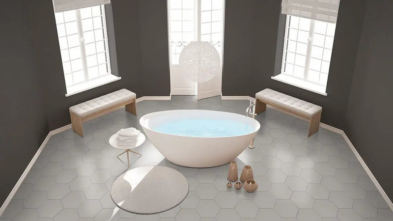 Hexley Dove Hexagon Tile Matte Porcelain 9x10.5 in a finished room