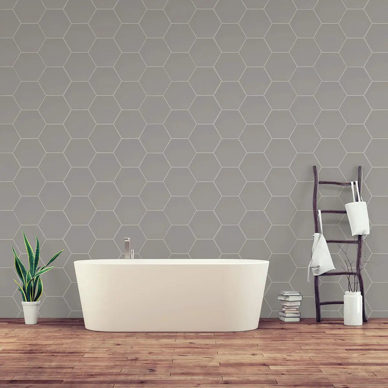 Hexley Dove Hexagon Tile Matte Porcelain 9x10.5 in a finished room