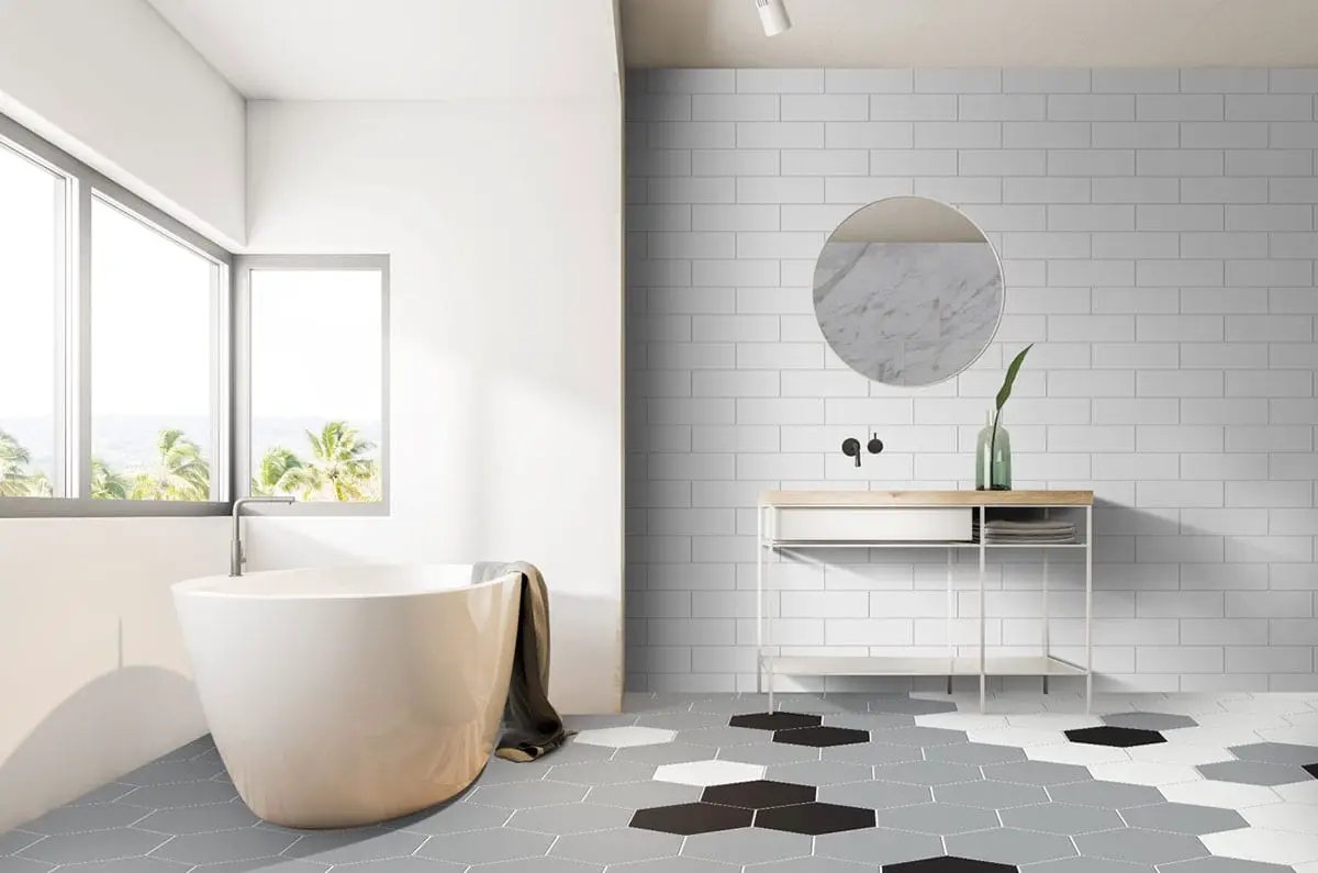 Hexley Ecru Hexagon Tile Matte Porcelain 9x10.5 in a finished room