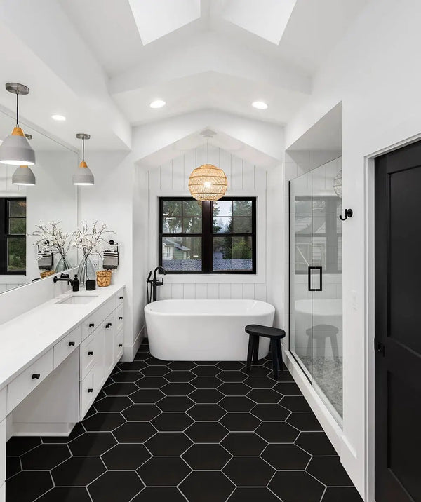Hexley Graphite Hexagon Tile Matte Porcelain 9x10.5 in a finished room